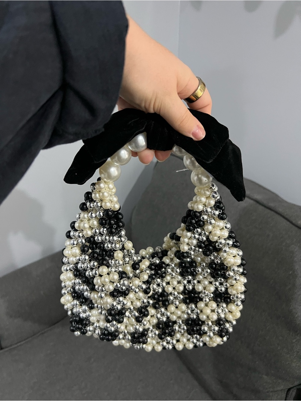 a new day Black & White Beaded Checker Mini Handbag